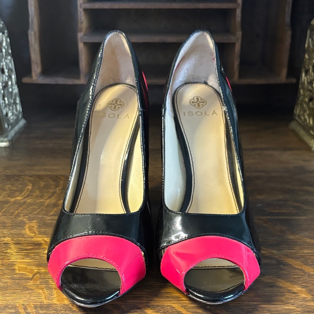 Isola Black and Hot Pink Peep-Toe Pumps